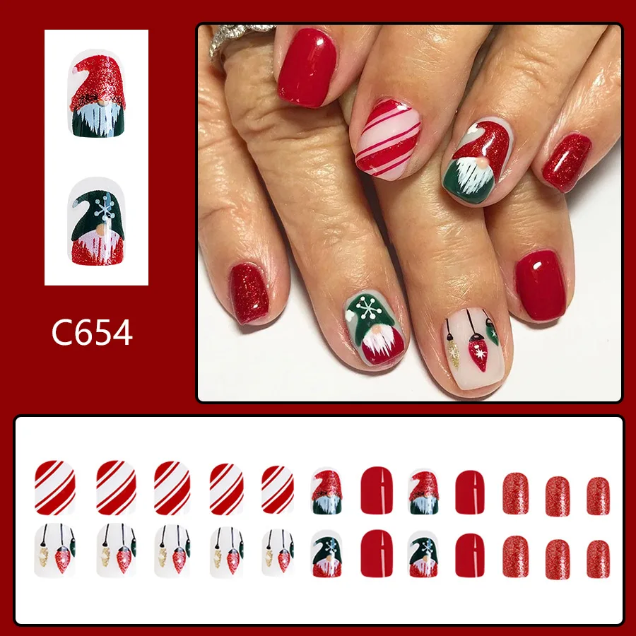 24Pcs Red Short Christmas Press on Nail Square Reusable Full Cover Nail Art Tips with Santa and Colorful Light Design for Women