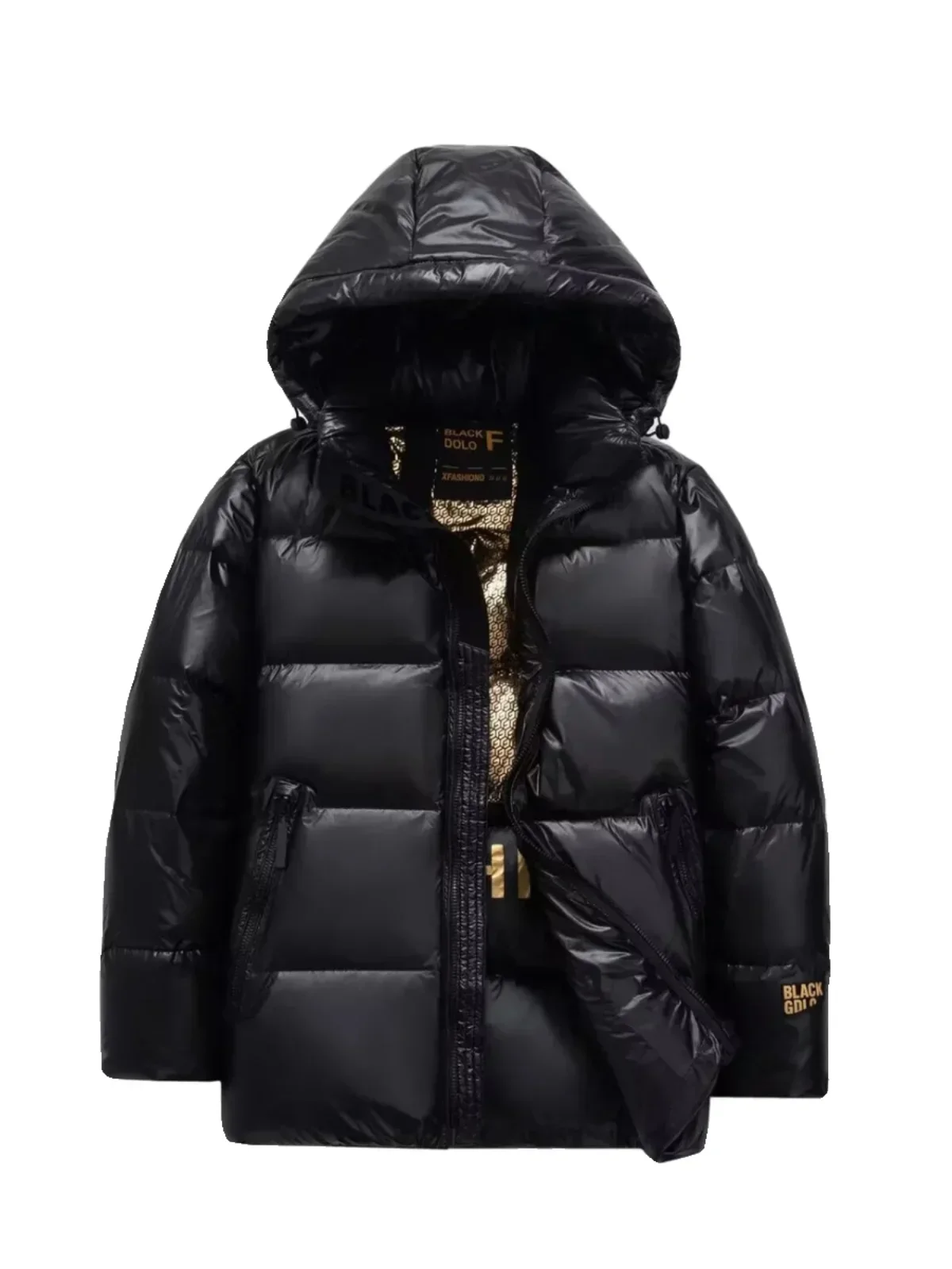 Jaqueta puffer impermeável com capuz para homens e mulheres, sobretudo de pato, casaco de penas preto e dourado, roupa de neve para casal, inverno