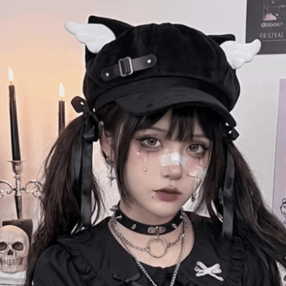 Cute Polyester Cat Ear Beret Hat Mini Wing Decor Vintage Style Newsboy Cap Blue Black Streetwear Hat Student