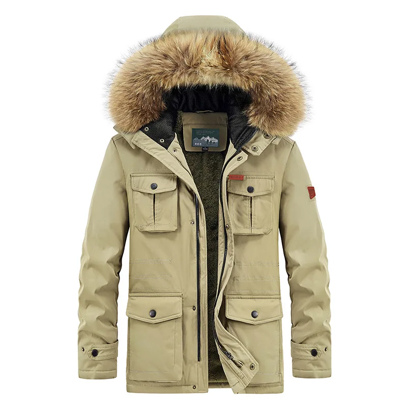 

Winter Hooded Cotton Jacket Men's Mid Length Loose Oversized Multi Pocket Cotton Jacket Youth Plush and Thick Cotton Jacket