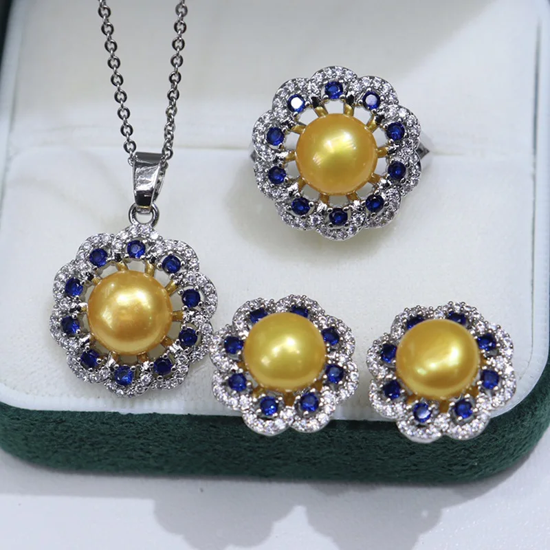 one set  freshwater pearl white/gray/pink/purple/gray/yellow/black  earring ring pendant +zircon hook