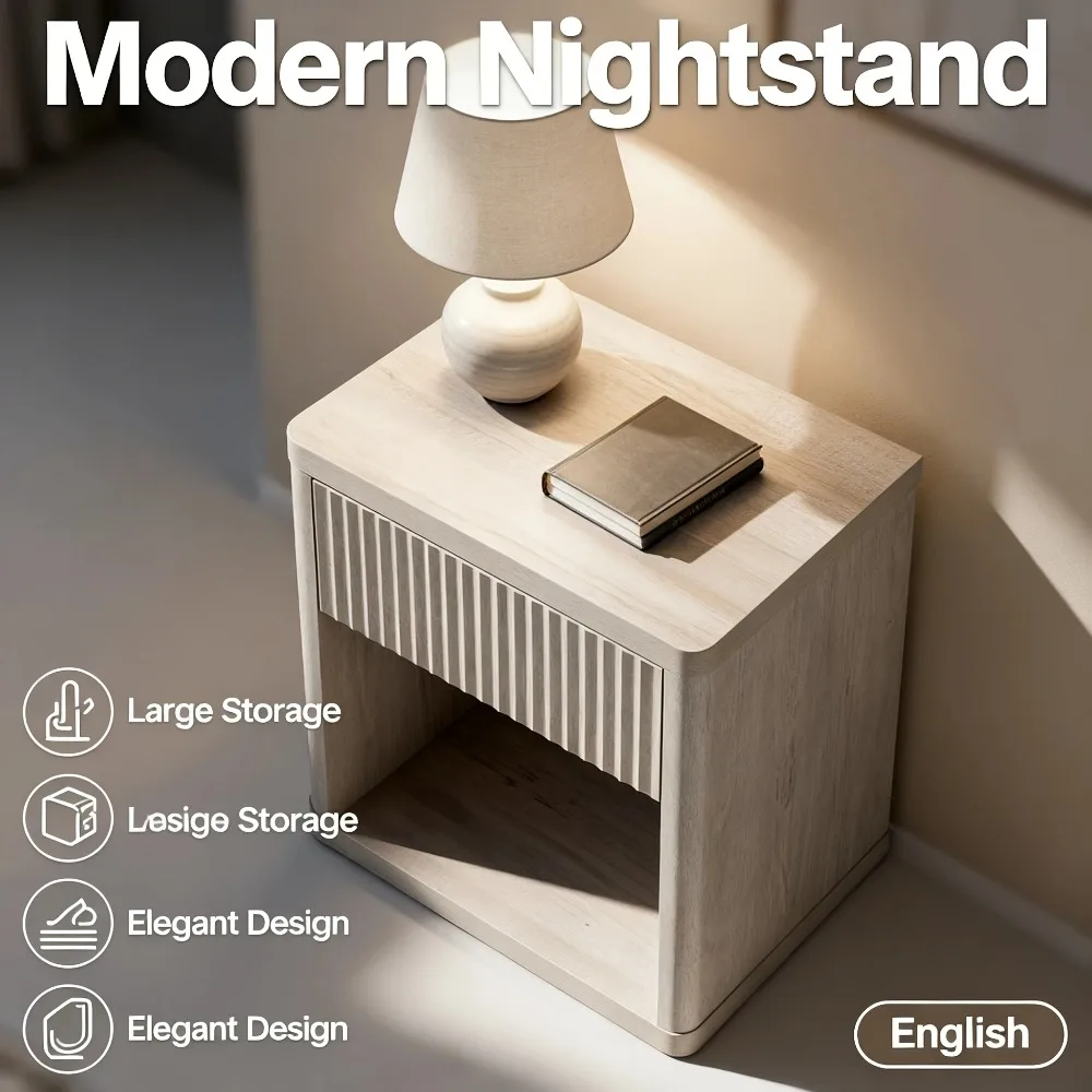 

Wooden Nightstand with One Drawer And One Niche (23 Inches, White Oak) - a Practical Bedside Table Featuring a Storage Compartment