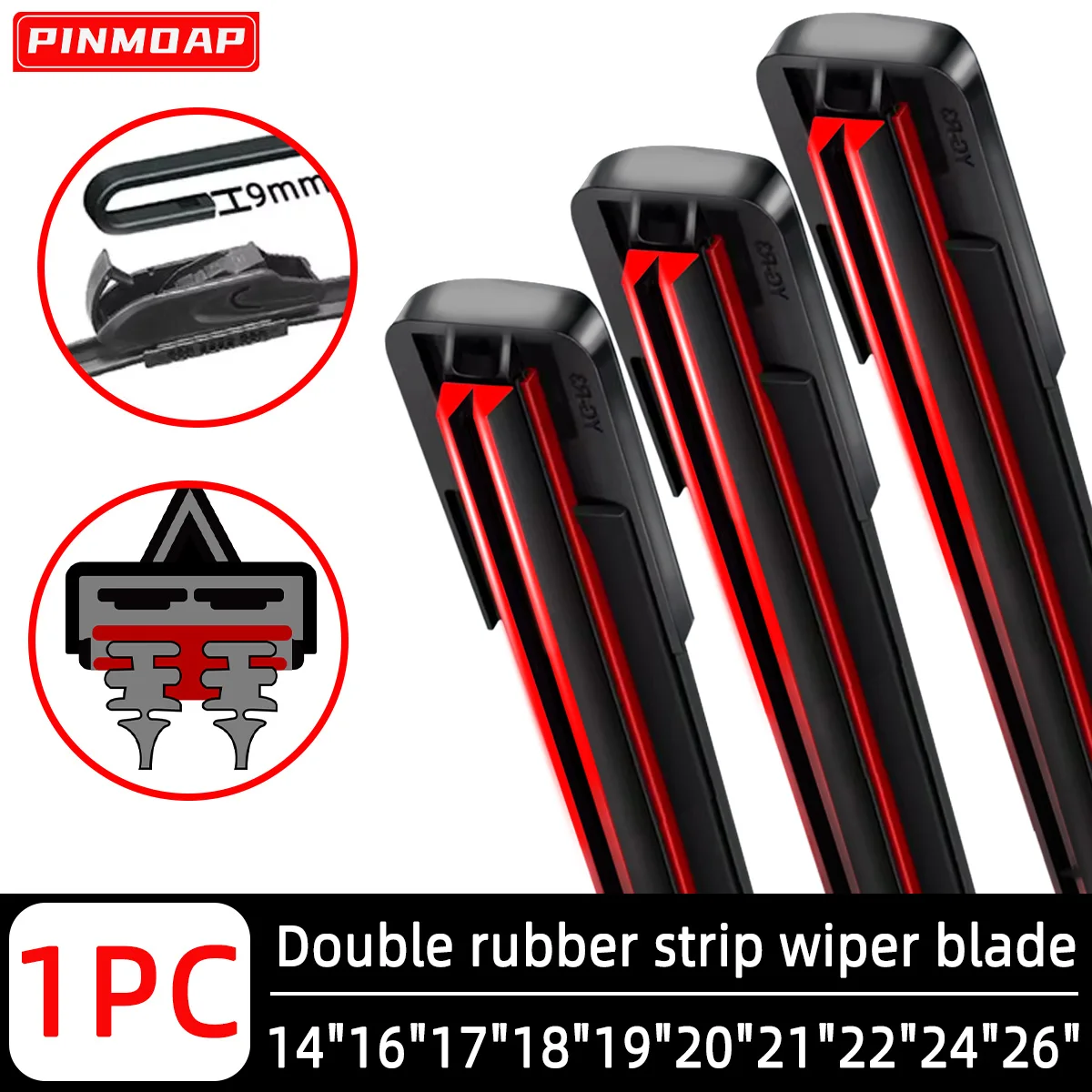 PINMOAP Universeller 9mm U/J-Haken Auto-Scheibenwischer mit Doppel-Gummistreifen-Design Geräuscharmer Wischer 14"16"17"18"19"20"21"22"24"26"