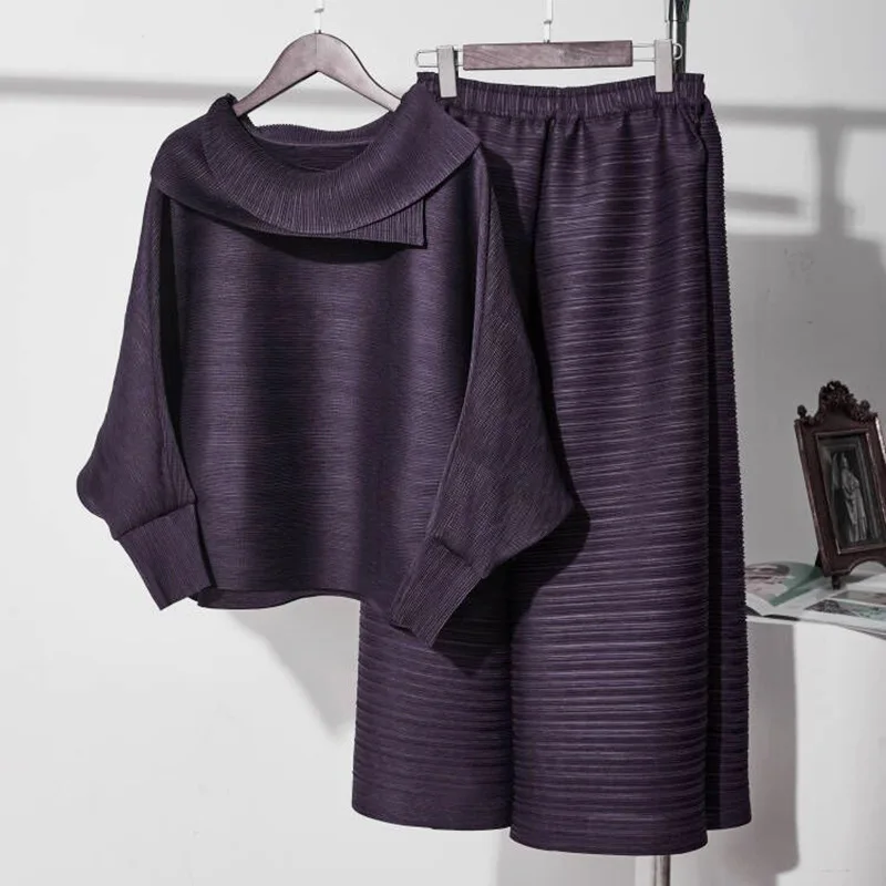 Miyake-Conjunto plisado de 2 piezas, Top de manga larga con cuello vuelto de gran tamaño y pantalones de pierna ancha de talla grande, novedad de 2024