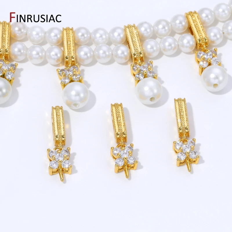 18K Gold Plated Brass Rectangle Pendant Bails, Inlaid Zircon Pearl Pendant Mounting End Caps Peg Bails, DIY Jewelry Accessories