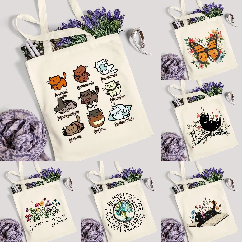 

Cartoon Cat Name Canvas Tote Bag ForWomen's Cute Kitten Print Single Shoulder Shopping Bag Suitable for Cat Enthusiasts To Reuse