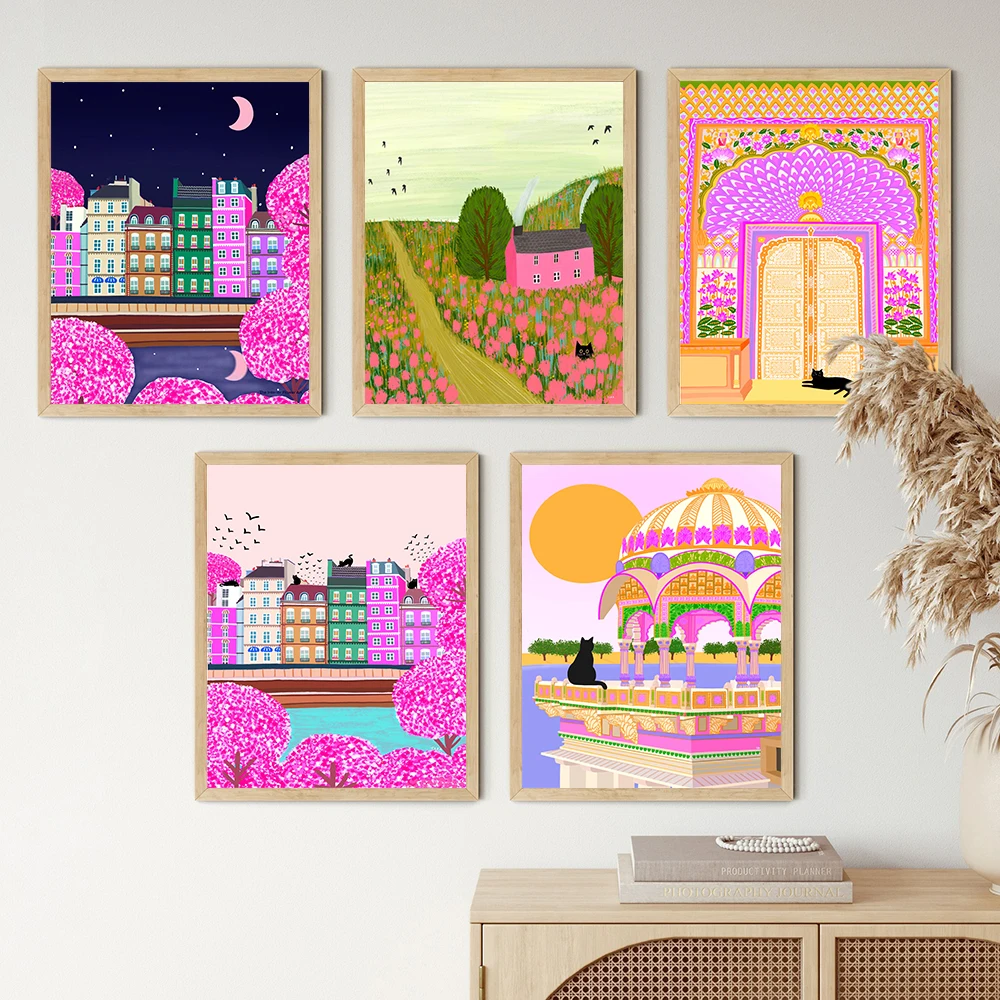 

Colorful Landscape India Print Cats Night Paris Travel Art Poster Print Retro Wall Canvas Painting Room Home Decor Yard Cat