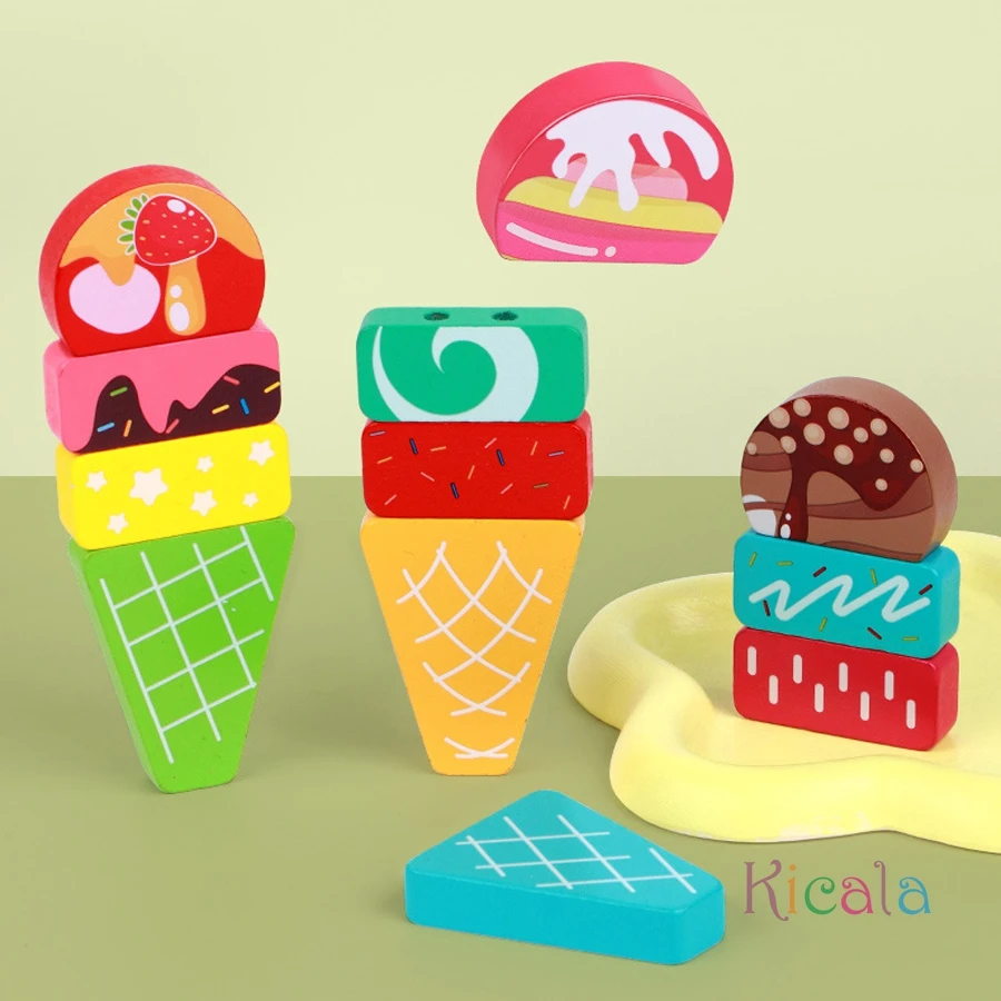Montessori de madeira fingir jogar brinquedos de cozinha sobremesa quebra-cabeça brinquedos de sorvete de madeira pai-filho jogos de tabuleiro interativos