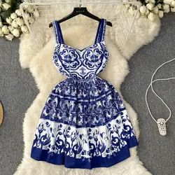 Vintage Blue And White Porcelain Spaghetti Strap Dress Women's Sleeveless Floral Print Backless Summer Holiday Mini Vestidos