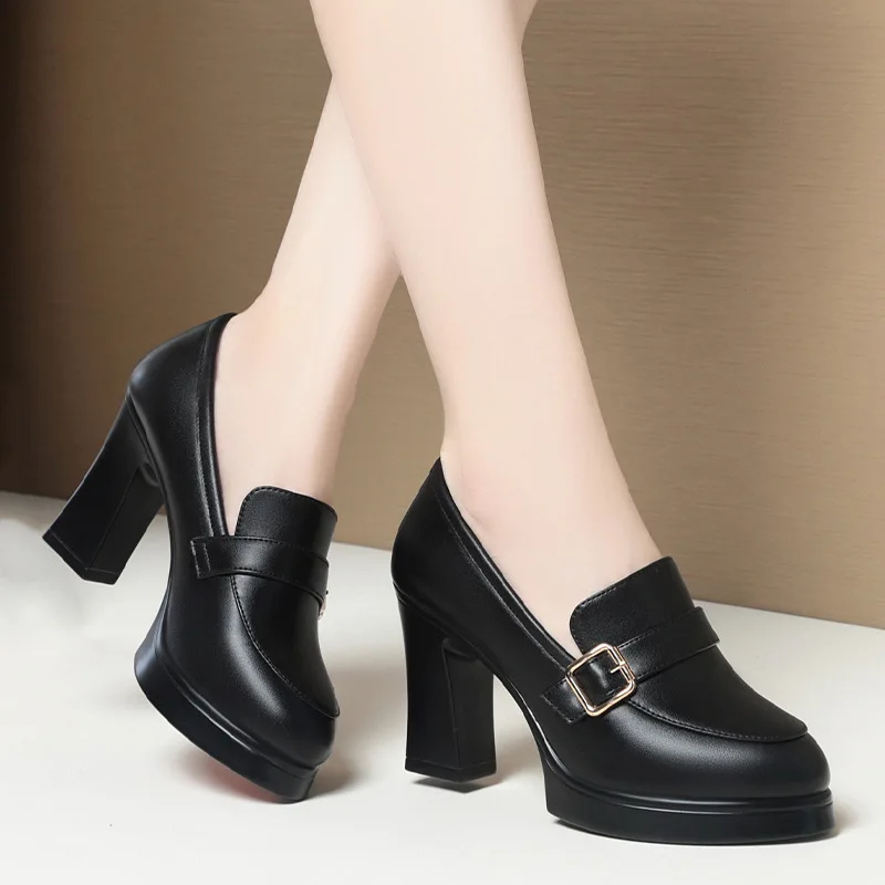 Comfortable Deep Mouth Soft Leather Anti-slip Shoes Platform Spring 2025 Women\'s Block Black High Heels Office Mother Shoes