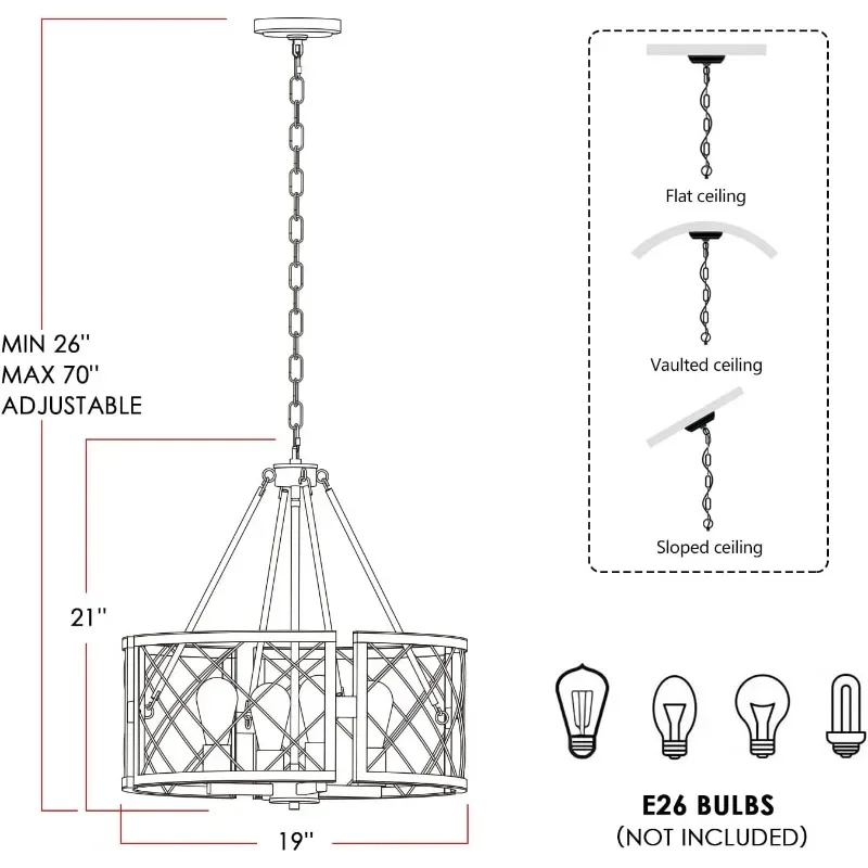 D19'' Farmhouse Chandelier for Dining Room, 4-Light Adjustable Kitchen Island Lighting, Vintage Hanging Pendant Light Fixtures