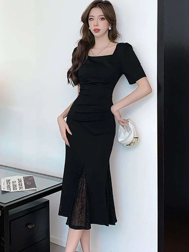 Summer Black Short Sleeve Elegant Slit Mesh Long Dress Women Korean Vintage Elegant Ruffled Dress 2024 Fashion Chic Hepburn Robe