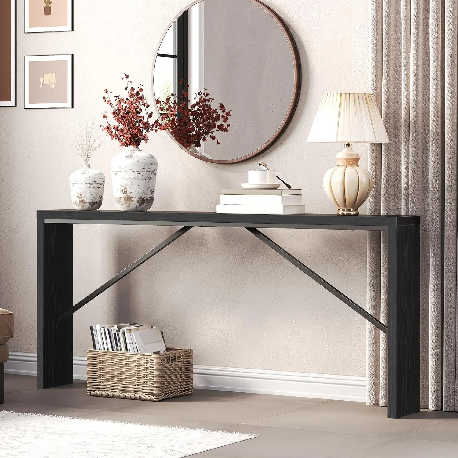 

Console Table, 70.9" Long Sofa Table Behind Couch, Narrow Entryway Table, Farmhouse Dining Table with Angled Metal Frame
