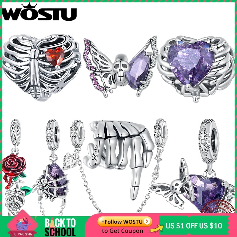 

WOSTU 925 Sterling Silver Retro Skull Hand Charm Heart Butterfly Spider Pendent Fit Original Bracelet DIY Halloween Jewelry Gift