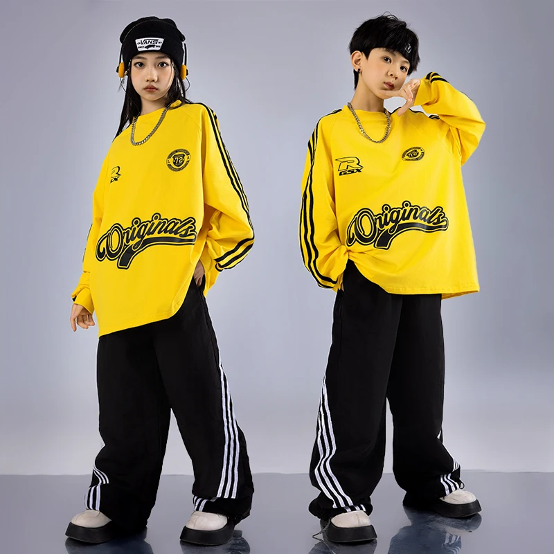 Boys Streetwear Street Dance Yellow Oversize Sweatshirt Girls Hip Hop Cool Clothes Sets Kids Jazz Denim Pants Outfits Costumes