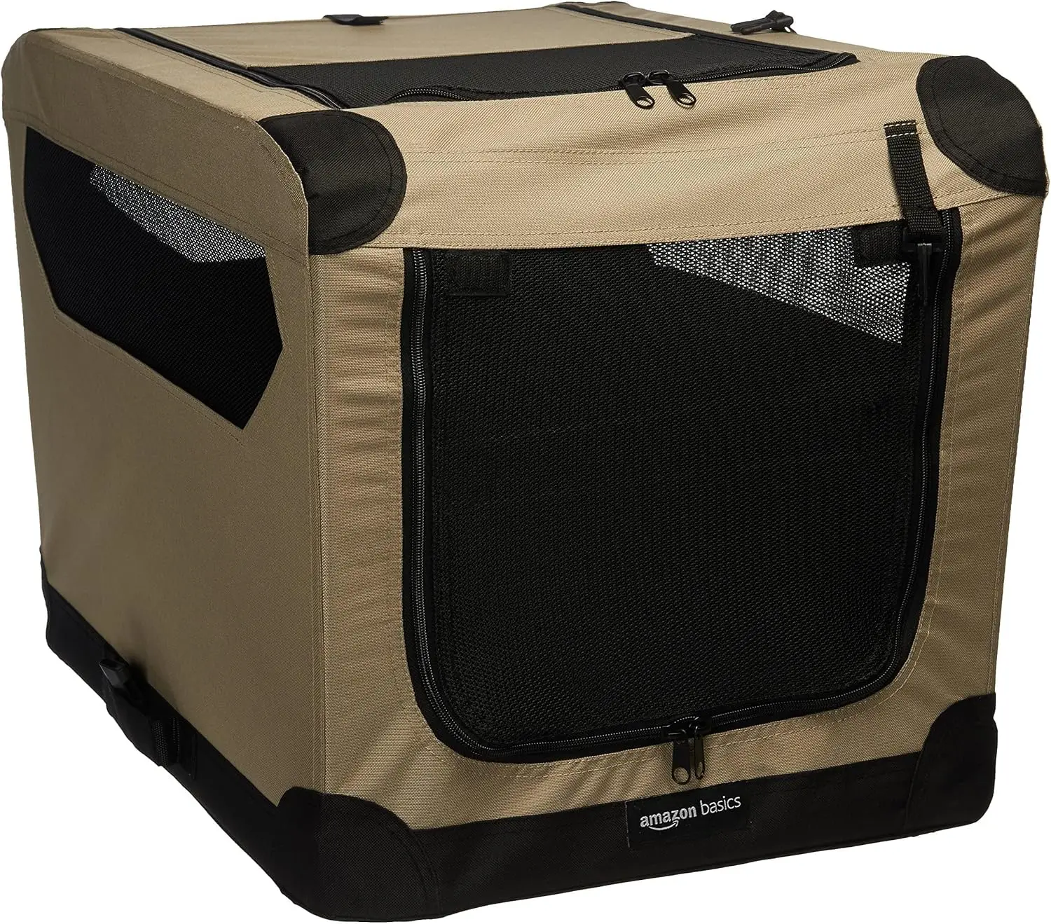 Basics - 2-Door Portable Soft-Sided Folding Soft Dog Travel Crate Kennel, Small, Tan, 26.0