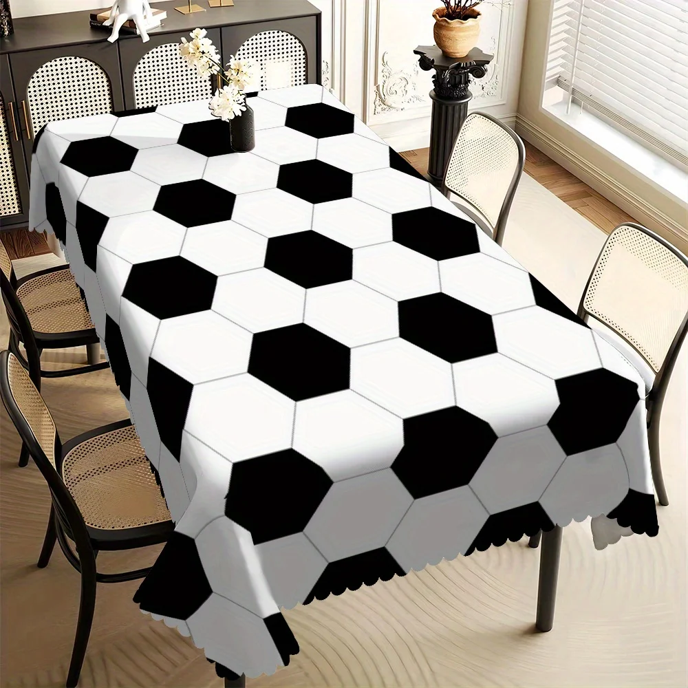 Black and white football pattern rectangular tablecloth, with fan-shaped edge polyester fiber.