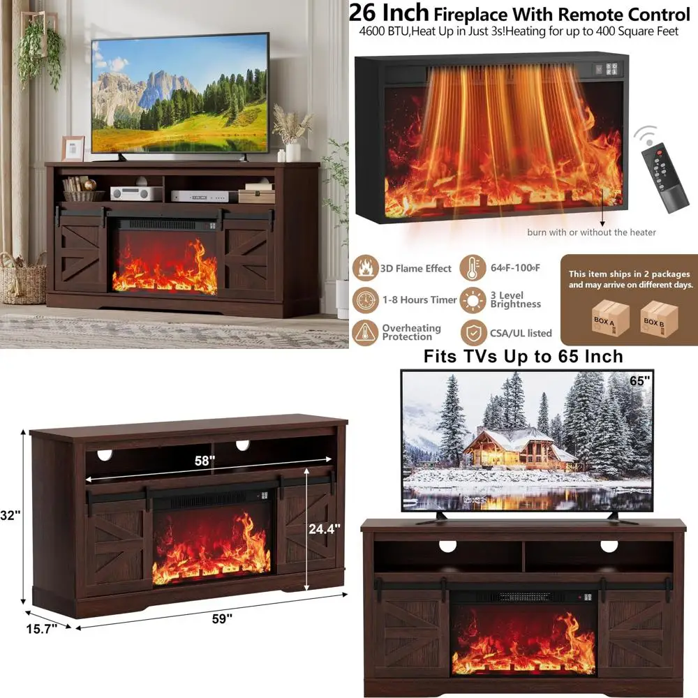65+ Inch TV Stand with 26 Fireplace, Storage Cabinet, and Adjustable Shelves Entertainment Center