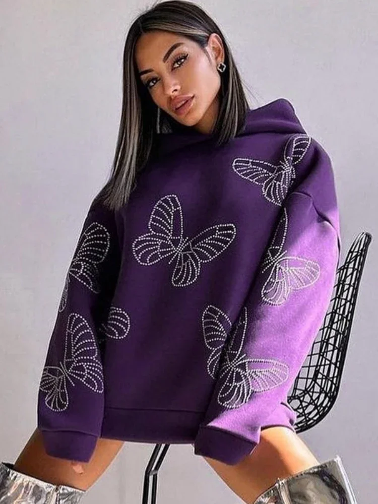 Butterfly Drilling Hoodies Casual Streetwear Women Long Sleeve Sweatshirt Loose Aesthetic Clothes Pullover Sudaderas Para Mujer