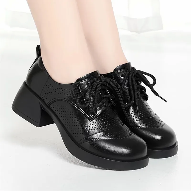 

Plus Size 34-43 Breathable Comfortable British Style Genuine Leather Shoes Women Oxfords 2026 Spring Block Heel Shoes Office Mom