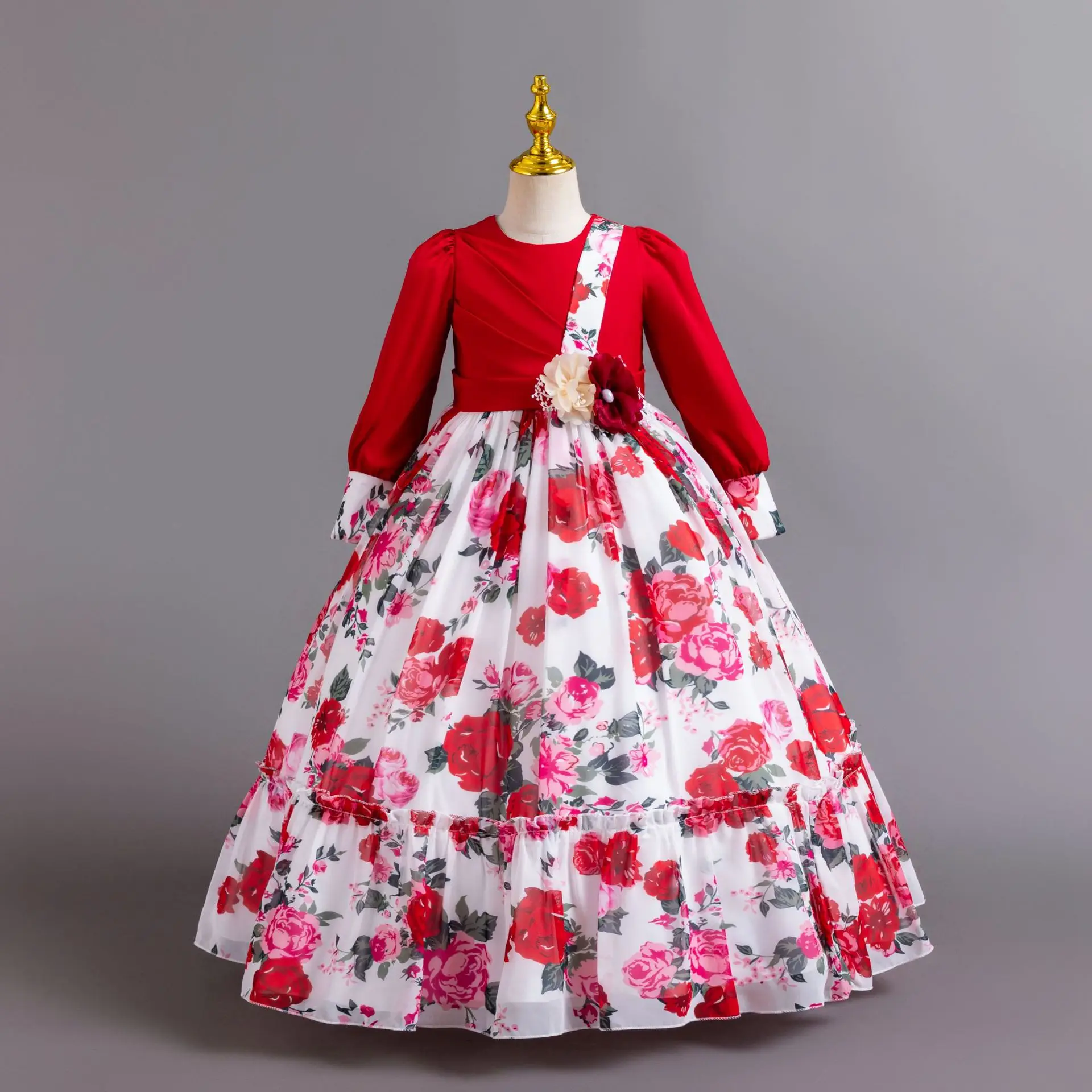 Girl Floral Print Dress for Elegant Party Girls Holiday Dresses Girl's Ceremonial Clothing Long Sleeve 4 to 12 Years