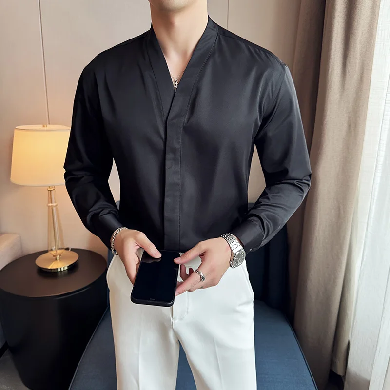 High Quality Collarless Shirt for Men Fashion Long Sleeve Casual Business Dress Shirts V-neck Social Party Tuxedo Blouse 2024