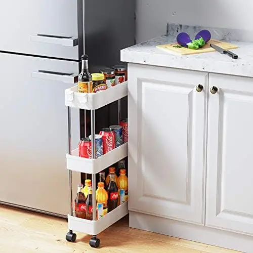 

Slim Slide Out Trolley Rack Holder, 3 Tier Cart, Unit Organizer on Wheels for Bath, Kitchen, Balcony, Living room (3-Tier/40x6