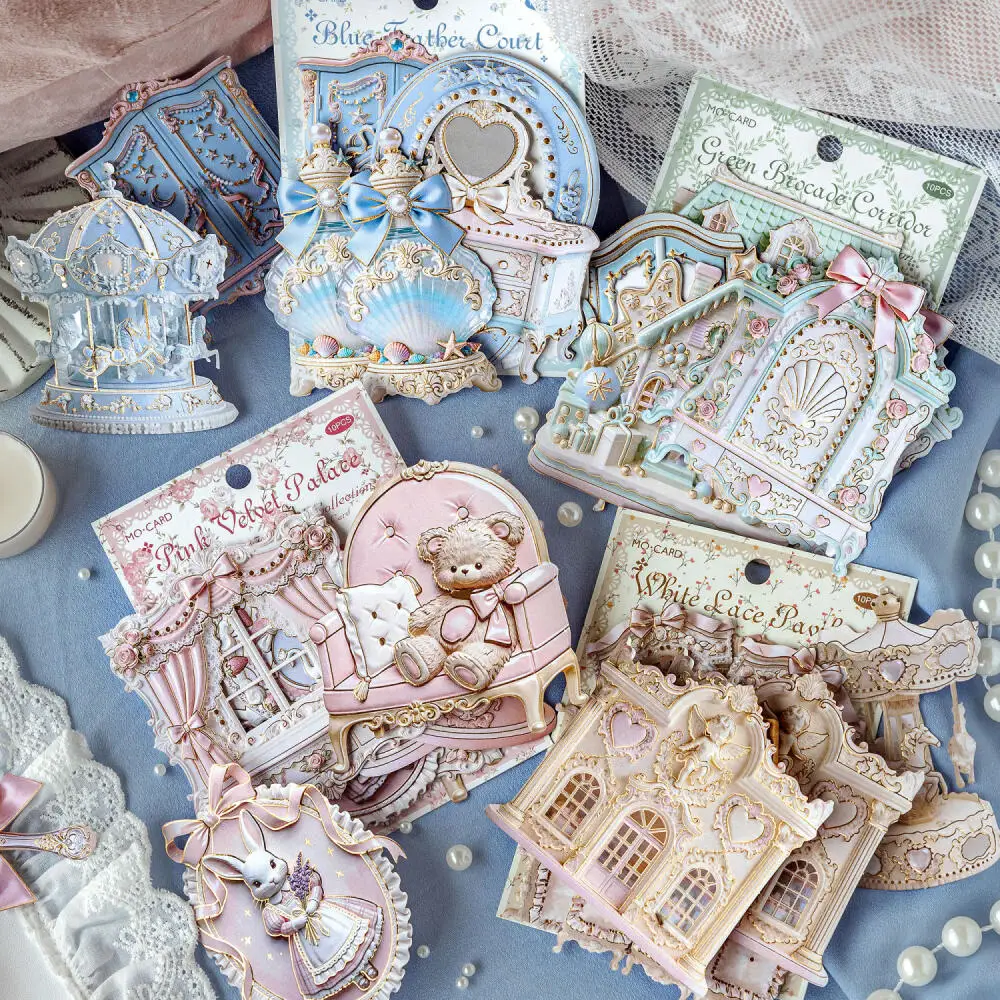 Card Lover 10 Pcs [Rococo Floral Message Series] Pink Velvet Palace Blue Feather Court Wardrobe Journal Stickers Stationery