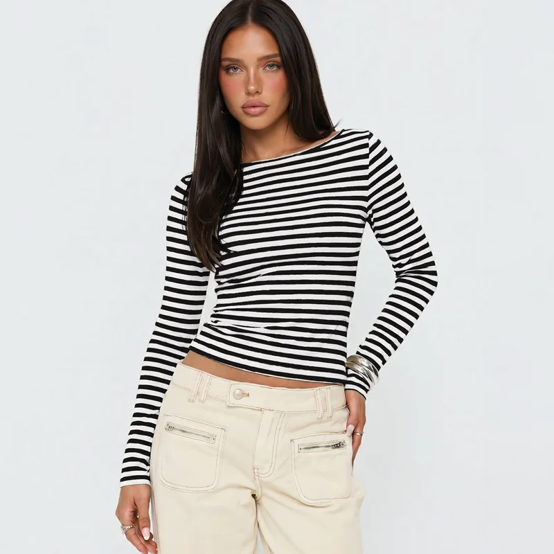 Hugcitar Gestreiftes Farbblock-Langarmshirt, Sexy Slim Fit Crop T-Shirt Top, Herbst Damenmode Kleidung, Streetwear, Party, Club – Detail 30