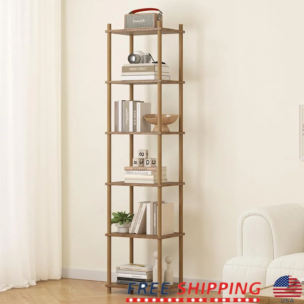 6 Tier Tall Bookshelf Wood Corner Storage Organizer Display Shelves Bedroom Living Room Easy Assembly Sturdy Design