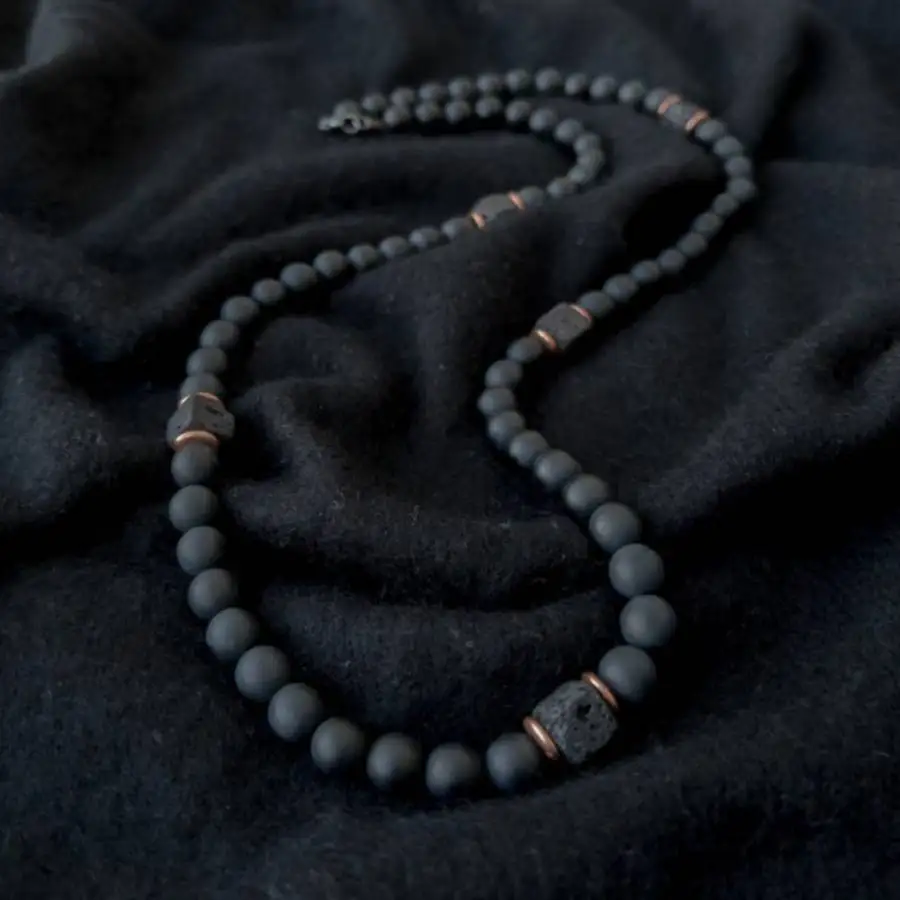 

Handmade Genuine Black Onyx & Volcanic Stone Beaded Necklace with Copper Accents Men's Fashion Jewelry Gift for Him