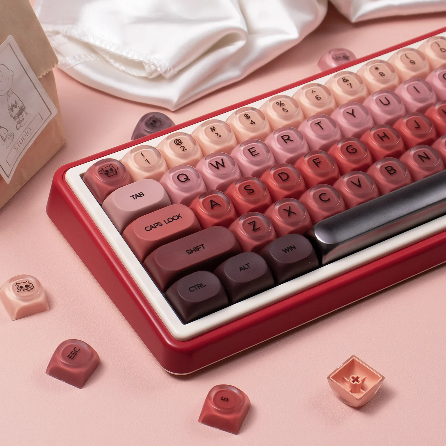 Capuchons de touches thème rouge à lèvres, 132 touches, profil HOA, PBT + PC, ronds, rouges, mignons, pour Kit de clavier mécanique MX