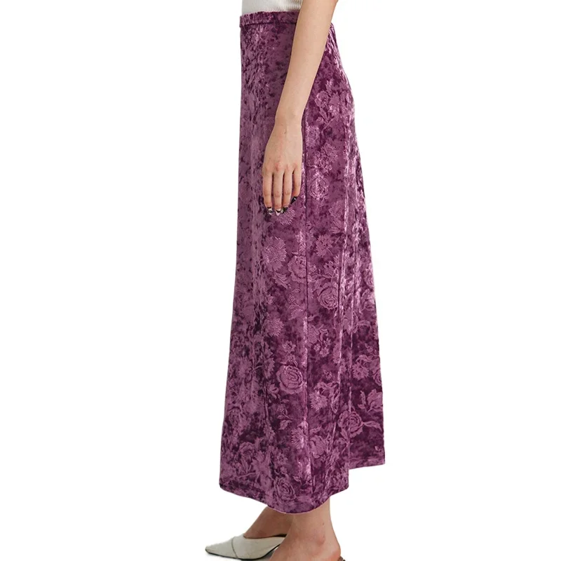 

2024 New Autumn Fashion Lady Purple Velvet Straight Skirts Elegant High Waist Jacquard Wrap Buttocks Ankle-length Fishtail Skirt