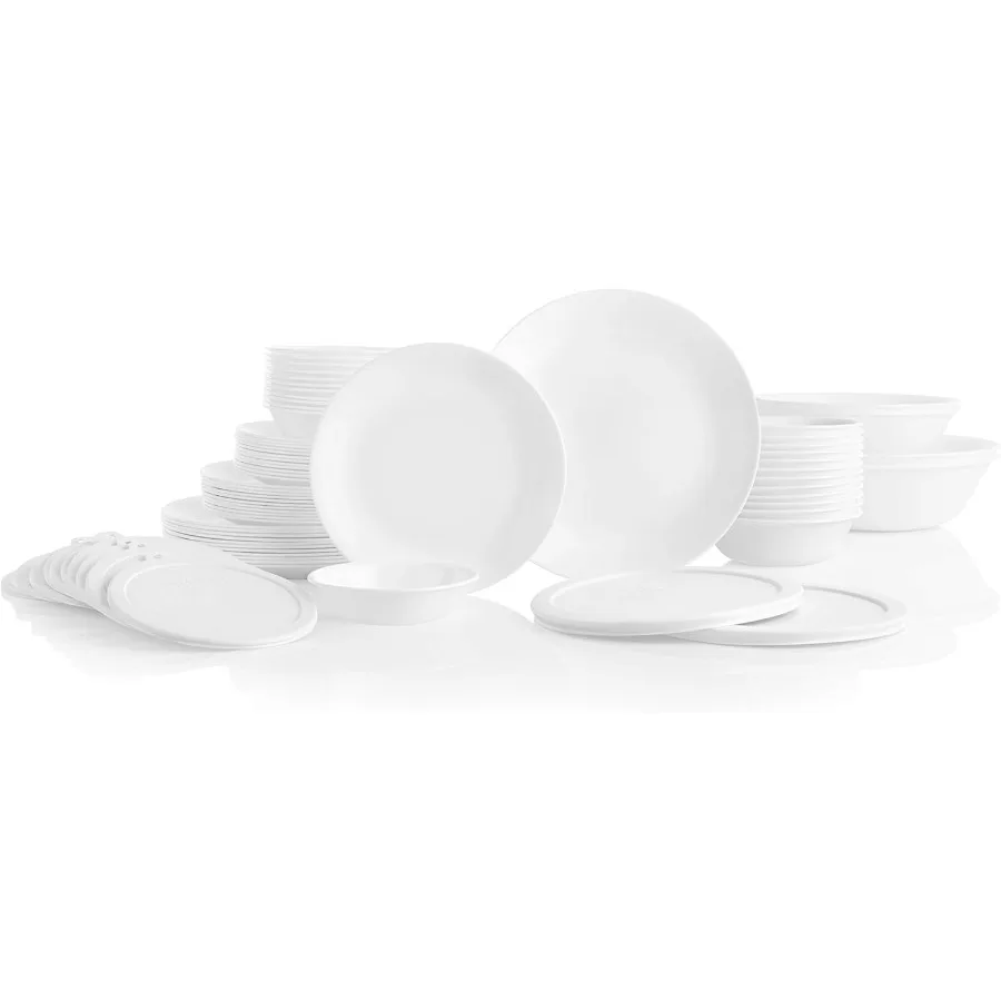 

Vitrelle 78-Piece Service for 12 Dinnerware Set Triple Layer Glass and Chip Resistant Lightweight Round Plates and Bowls Set Wi