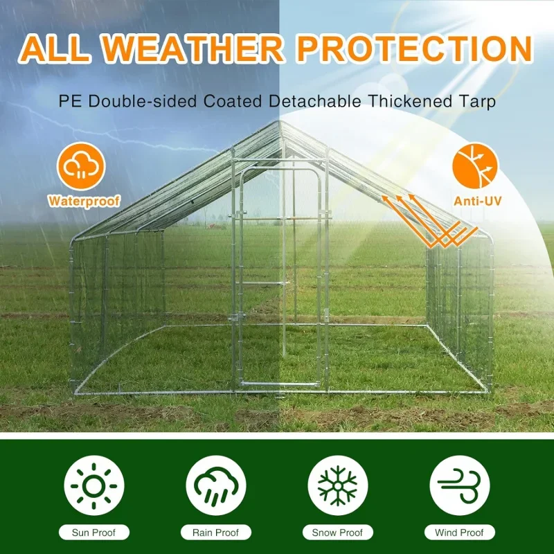 Chicken Coop Large Metal Chicken Run with Chicken Perch, Outdoor Dog Kennel with Roof Waterproof Anti-UV Cover Secure Lock for O