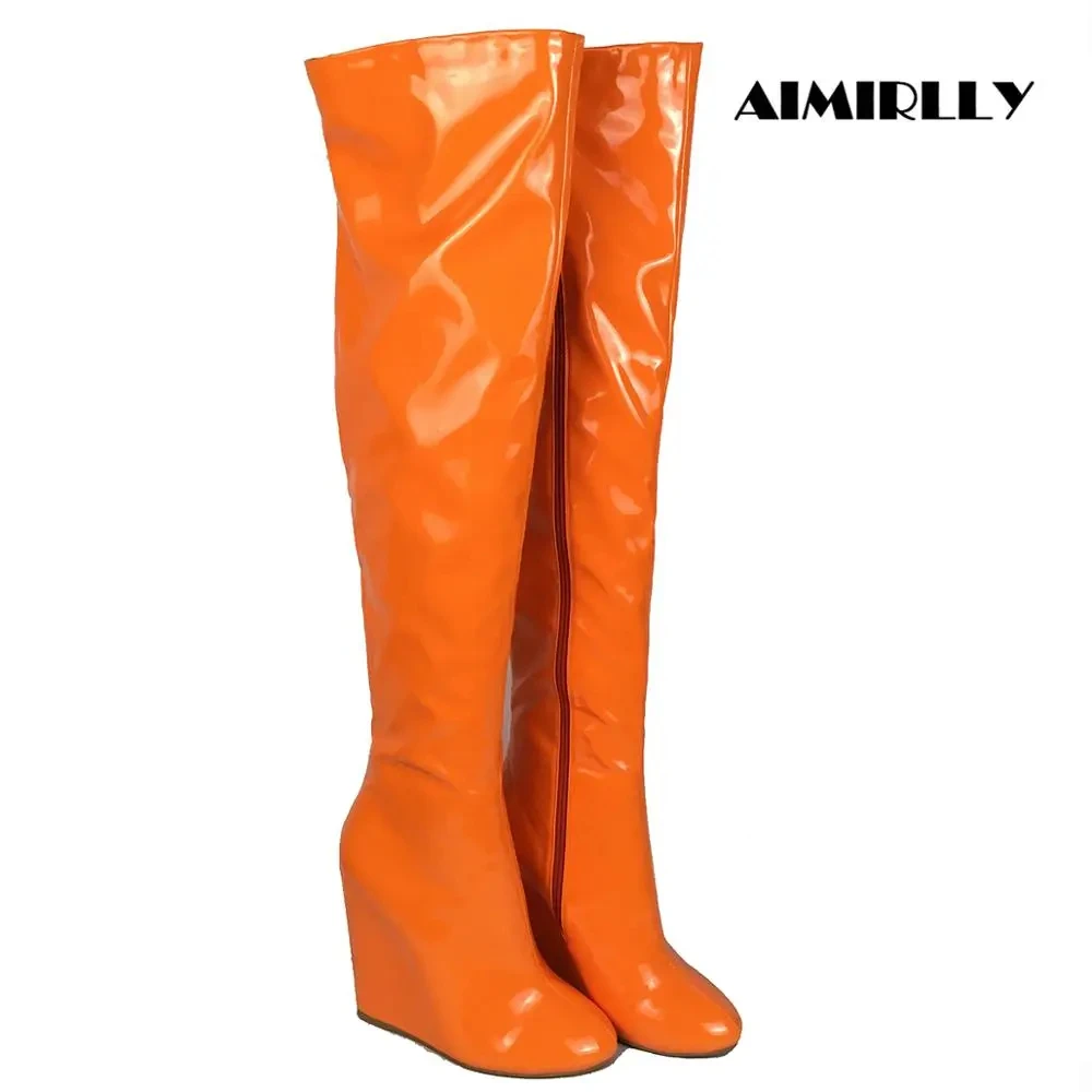 Women's Over the knee boots High Heels Wedge Shoe Winter Thigh Heigh Long Boots Orange & Yellow Patent Full Zipper Customized