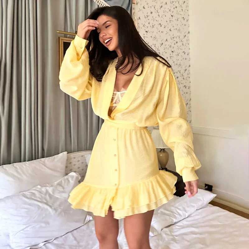 Fashion Ruffled Shirt Dress Women's Deep V Neck Loose Lantern Sleeve Mini Dress Irregular Loose Summer Vacation Outfits