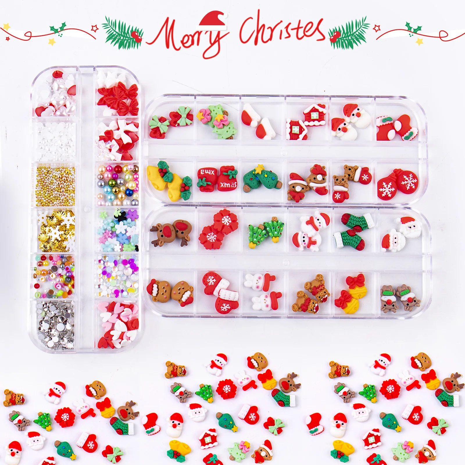 3 boxes Resin Christmas Nail Decoration Charms Snowman Santa Claus Deer Flatback 3D Nail Art Nail Gems for Acrylic Nails