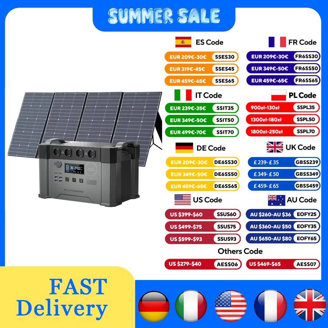ALLPOWERS S2000 Pro Solar Generator 1451Wh 2400W Portable Power Station & 140W / 200W / 400W Foldable Solar Panel for Camping RV