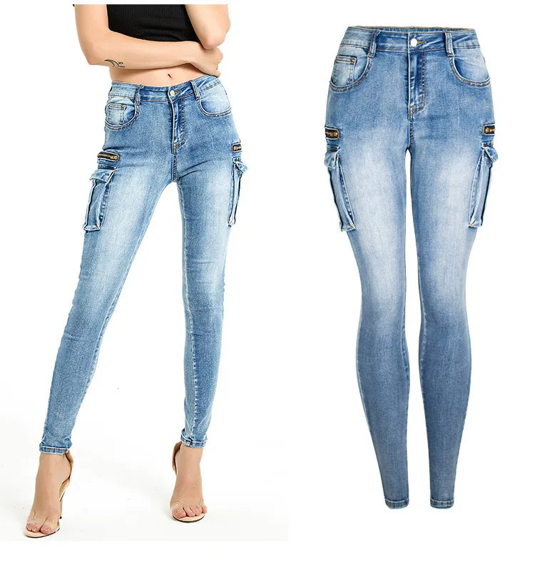 

Jeans Pencil Pants Women Multiple Pockets Stretch Mid Waist Vintage Skinny Trousers Washed Streetwear Female Distressed Denims