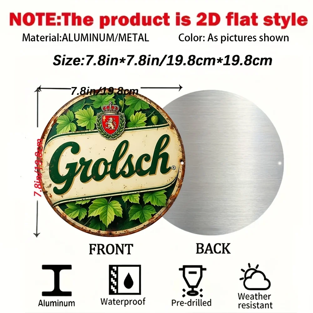 Vintage Grolsch Beer Metal Wall Sign - 19.81cm Round Waterproof Pub Decor, Man Cave Bar Restaurant Gift