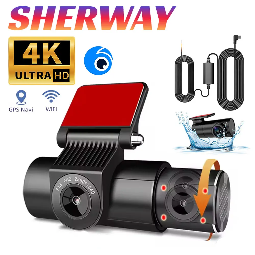 3 Channel 4K Dash Cam for Car 3-Len Inside Vehicle Camera DVR Night Vision Video Recorder Built-In Wi-Fi Support GPS 24H Parking