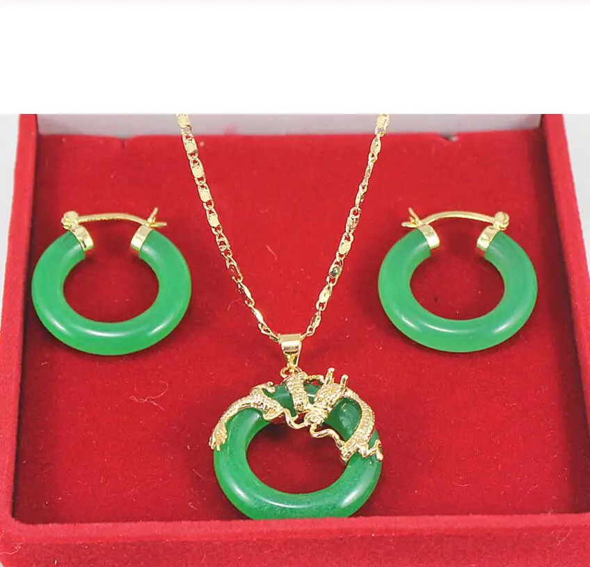 

Wholesale 25mm 18K Gold Plated Dark Green Jade dragon pendant hood earring Jade Jewelry set