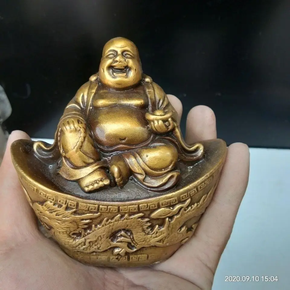 Antique Bronze Collection Dragon and Phoenix Yuanbao Maitreya Buddha Ornament, Home Decoration Crafts Copper Ornament