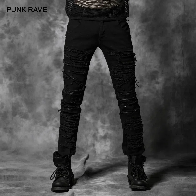 PUNK RAVE Men's Punk Rivet Decoration Designer Harem Jeans Slim Fashion Casual Handsome Black Pants Men Streetwear