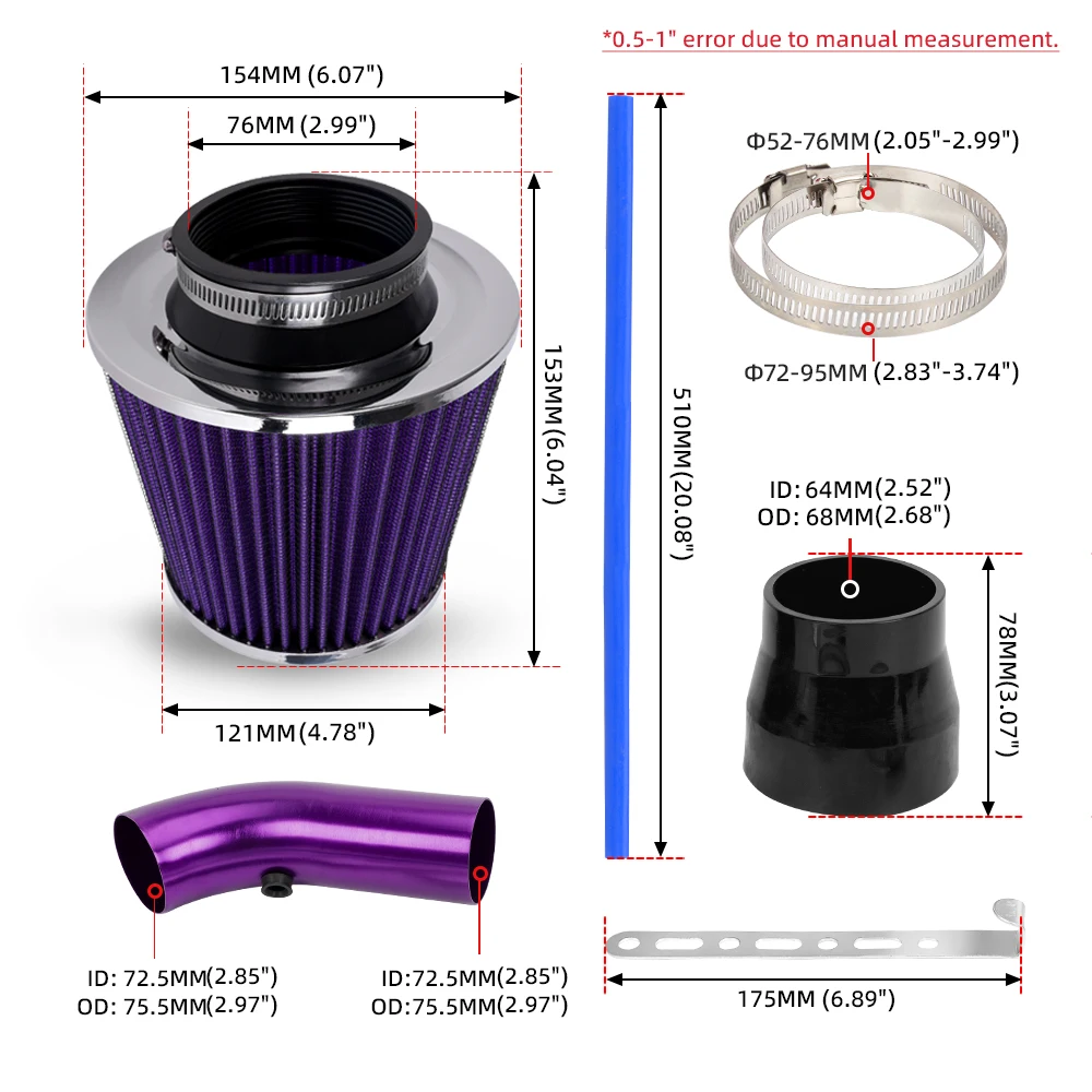 Auto Omgebouwd 76mm Paddestoel Hoofd Luchtfilter Inlaattraject Filter High Flow Hoge Koude Kegel Luchtfilter Aluminium Pijp Kit OFI109