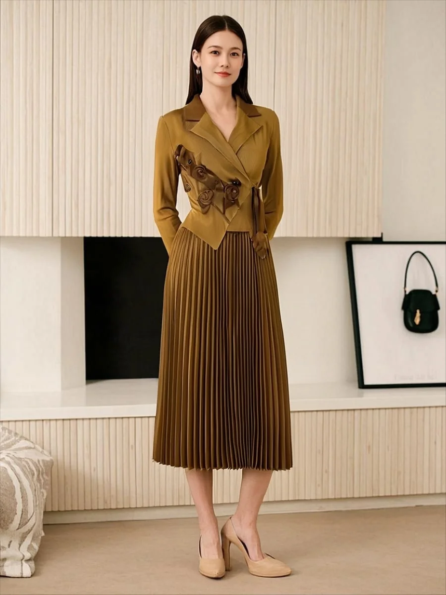 

Miyake Pleated 2025 Plus Size Women's Long Sleeved Dress, Three-dimensional Floral Fake Two-piece Fashionable Pleated Skirt