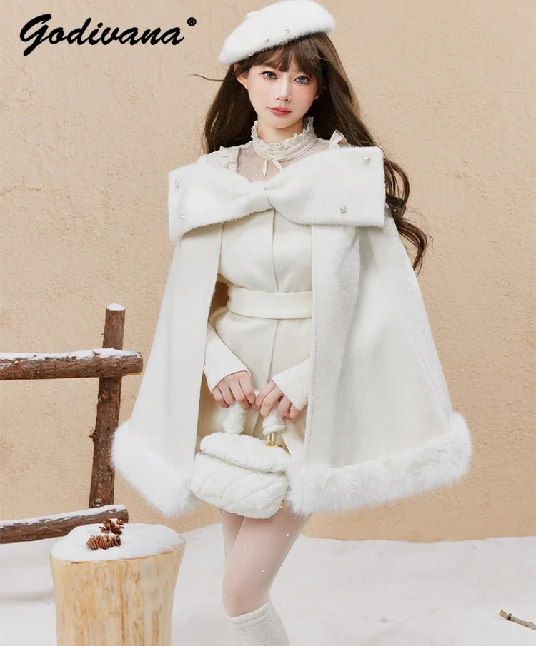 

New Autumn and Winter Heavy Industry Big Bow Elegant Cloak Jacket Ladies Sweet White Woolen Cape Coat Furry Poncho