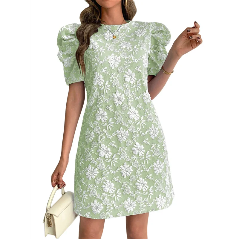 CYL-Damen Floral Puff Kurzarm Minikleid Hohe Taille Sommer Boho Kurze Kleider