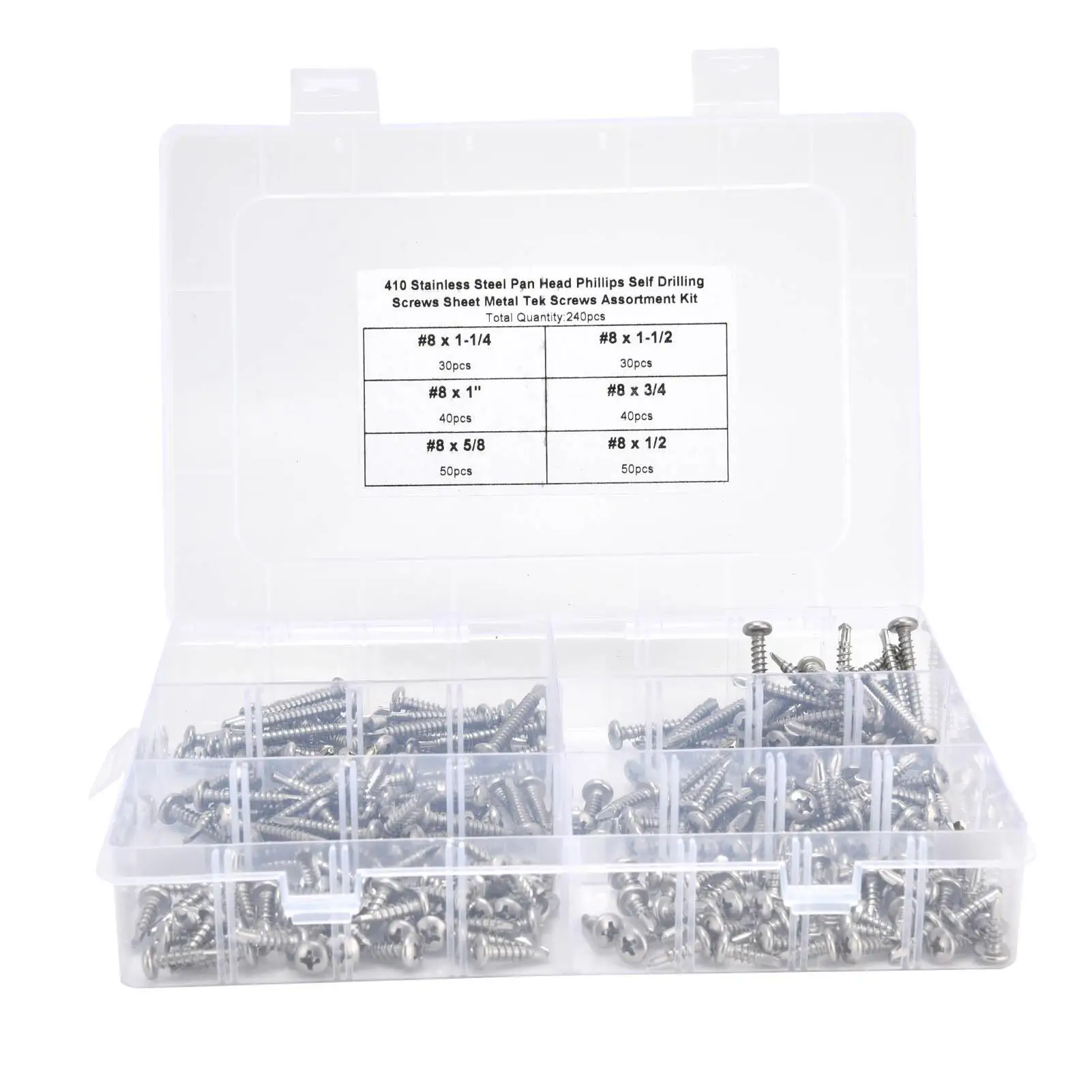 240Pcs Pan Head Self-Drilling Screws Set Stainless Steel #8 Fastener Kit Industial Hardware